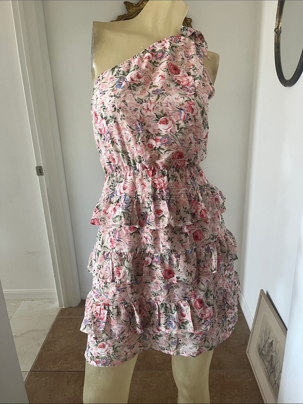 Floral One-Shoulder Pink Tiered Ruffle Dress NWOT
